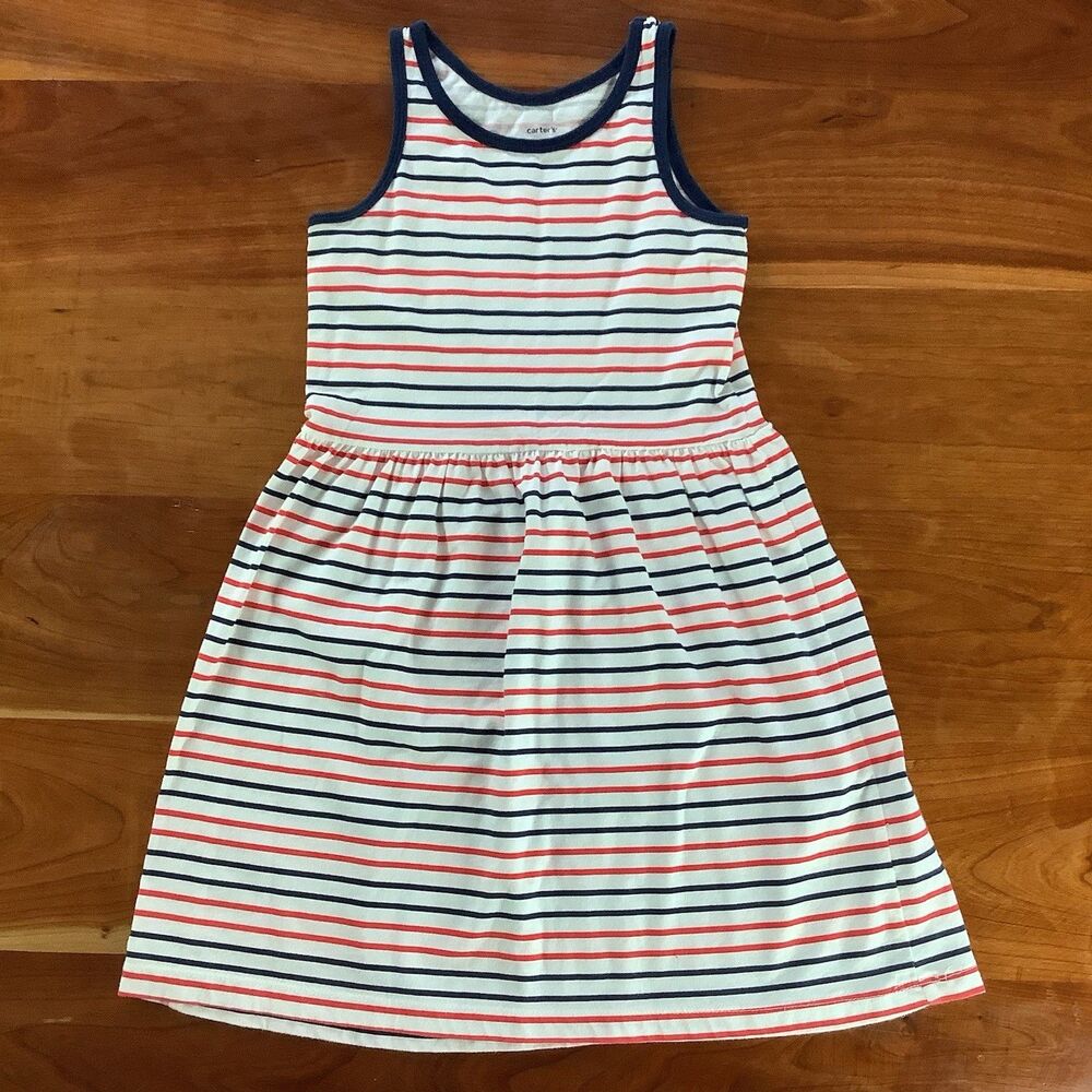 Carter’s Red Blue White Striped Sleeveless Dress Girls Size 4/5 Patriotic Picnic